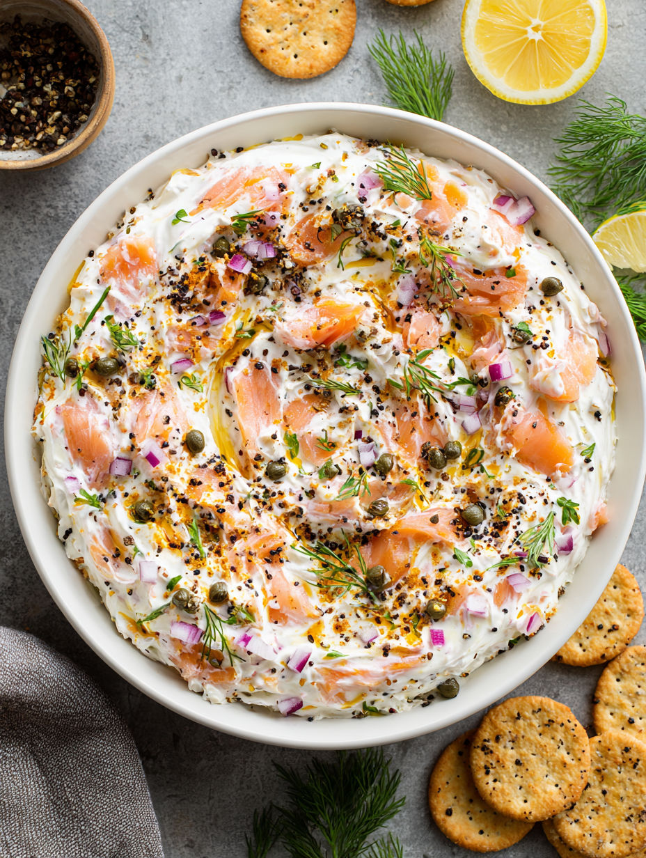A bowl of smoked salmon bagel dip.