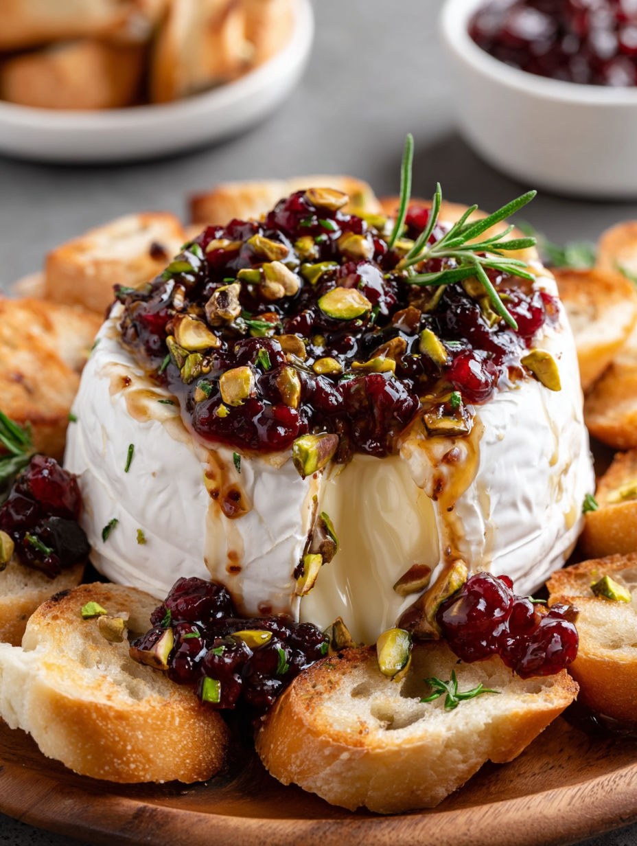 A cheese dish with bread and fruit.
