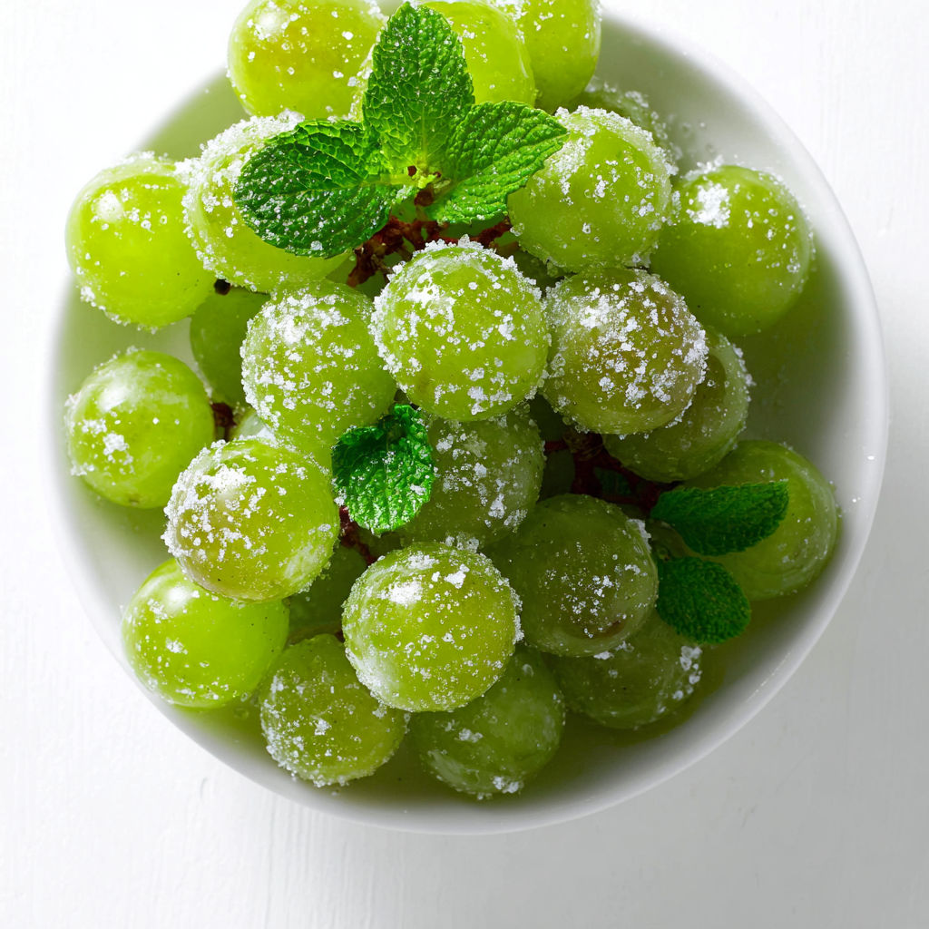 A bowl of green grapes with sugar sprinkled on top.