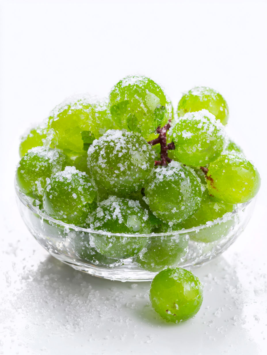 A bowl of green grapes covered in sugar.