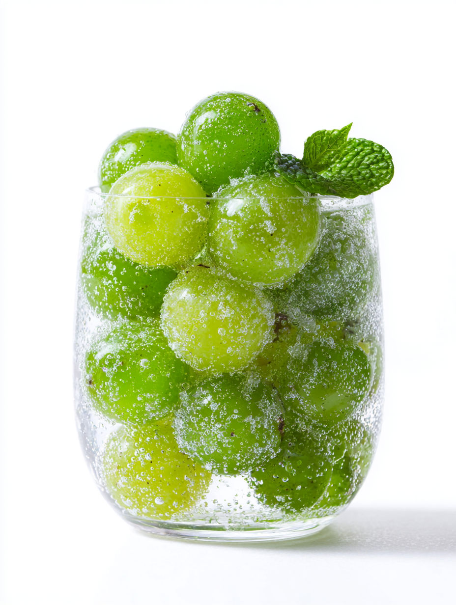 A glass of green grapes with a mint leaf on top.