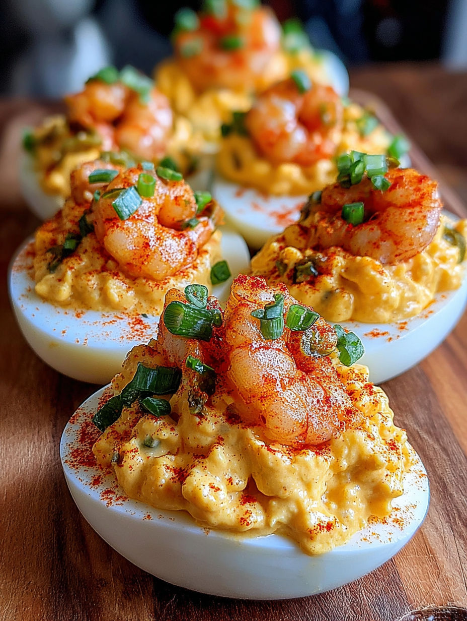 Three deviled eggs with shrimp on top.