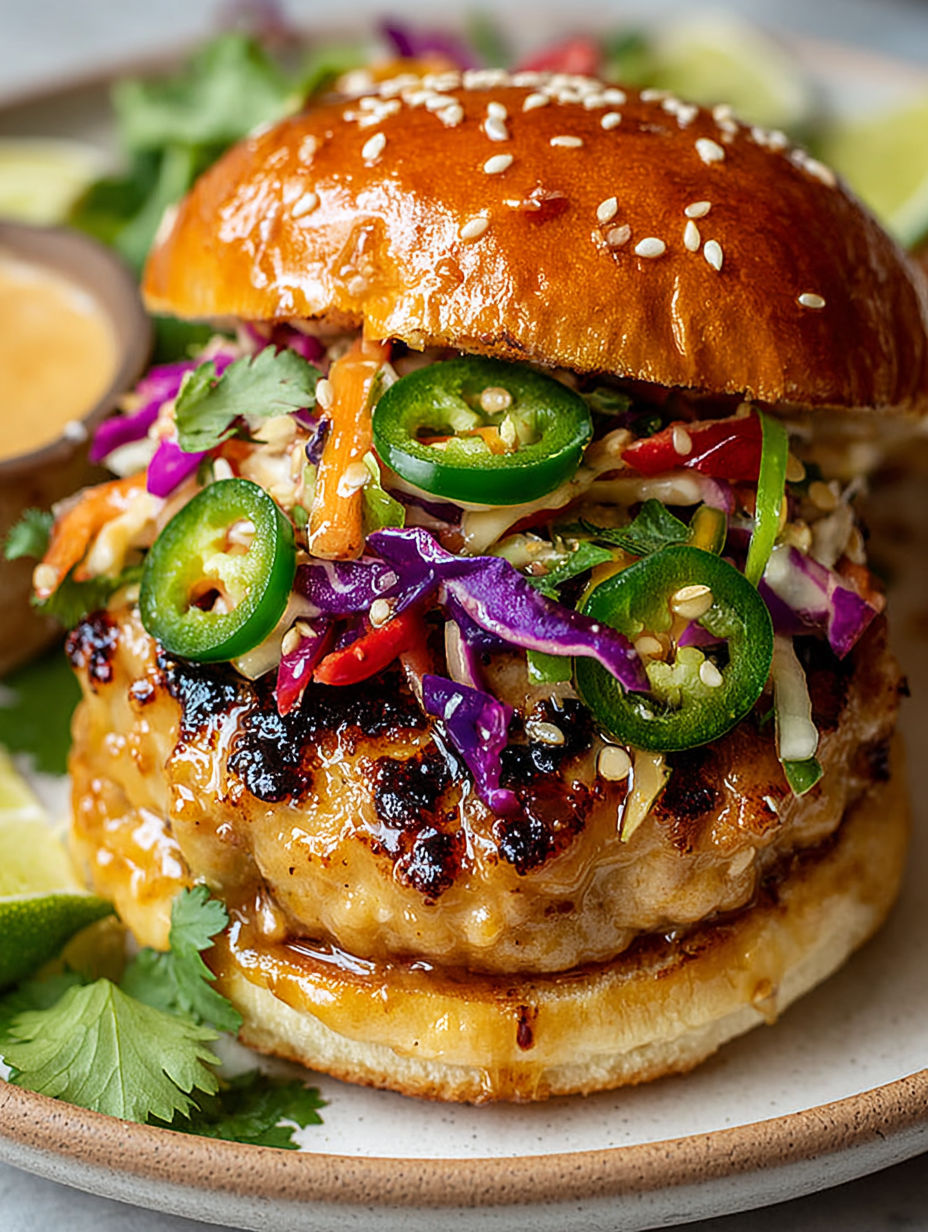 A Thai Sweet Chili Chicken sandwich with purple cabbage and jalapenos.