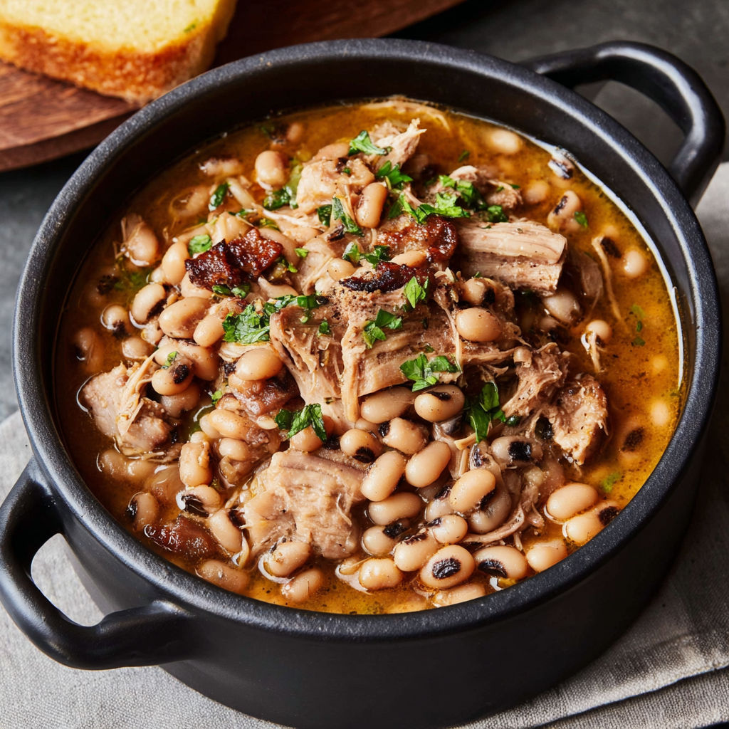 A bowl of smoky turkey and black eyed peas.