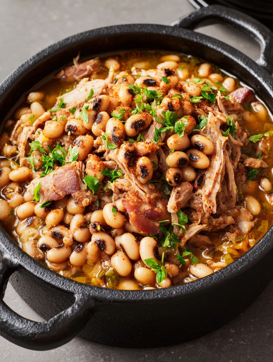 A bowl of food with beans, meat, and greens.