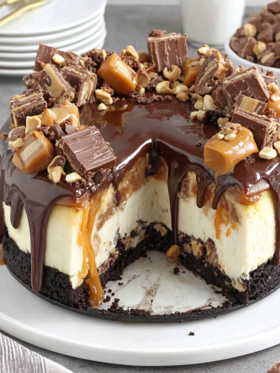A slice of peanut butter snickers cheesecake.