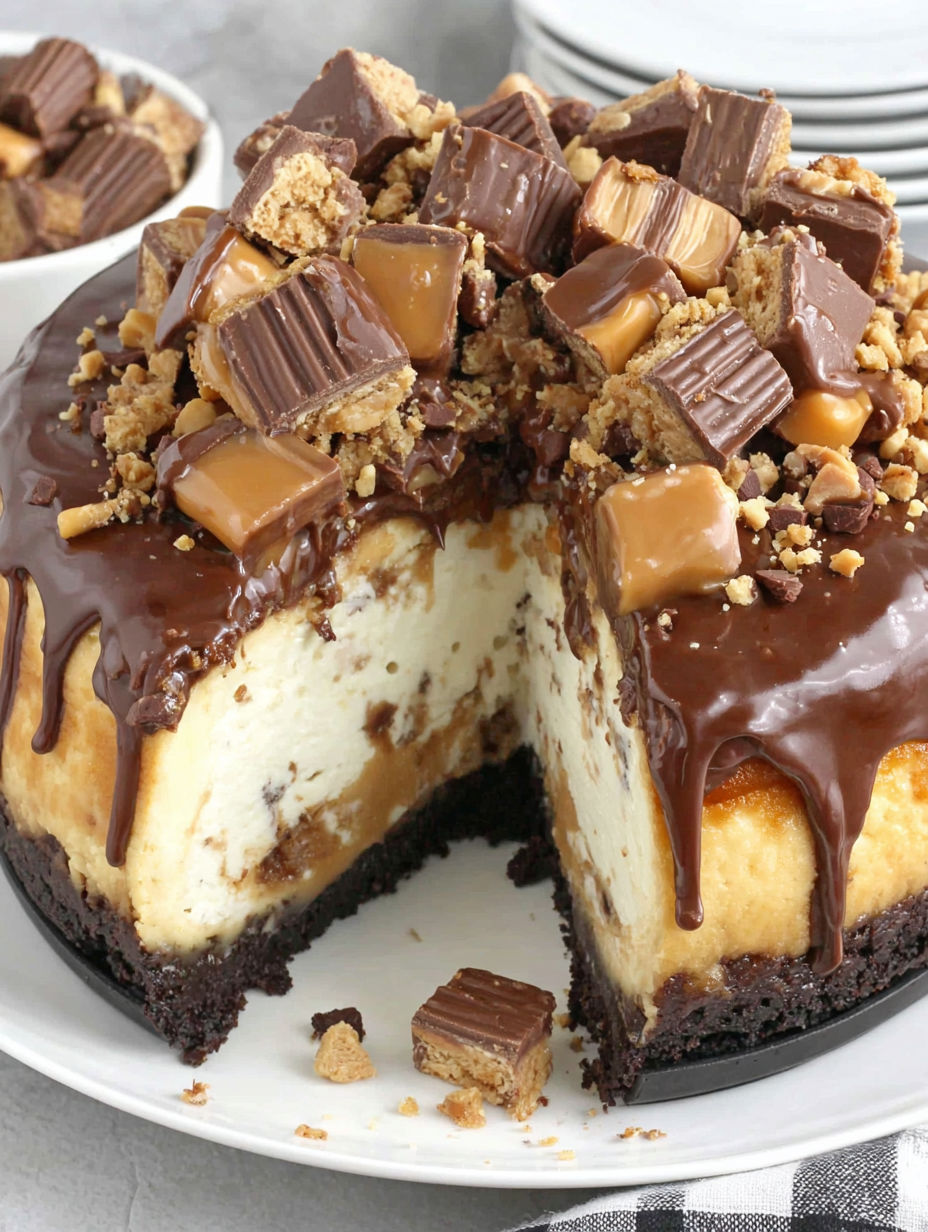 A slice of peanut butter snickers cheesecake.