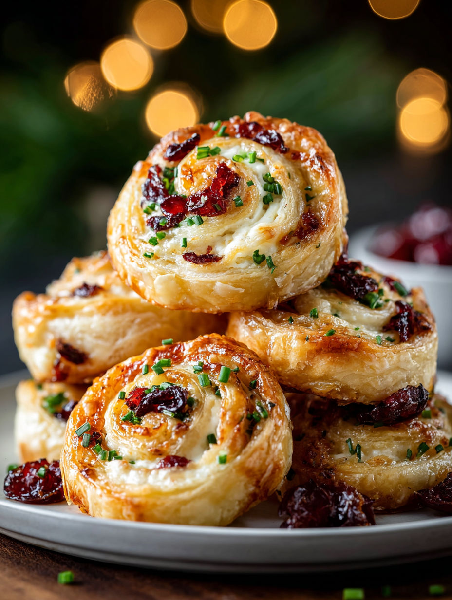 A stack of cranberry cream cheese pinwheels.
