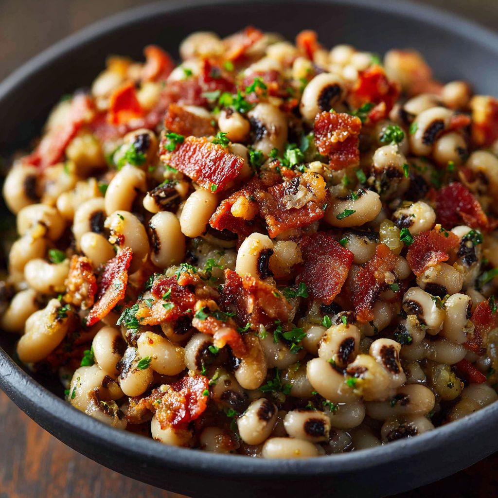 A bowl of bacon and black eyed peas.