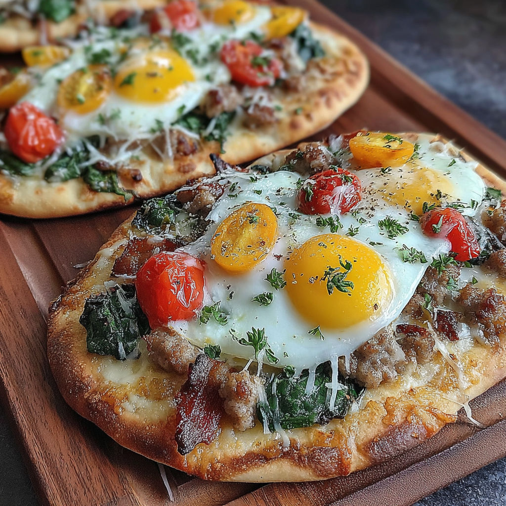 Two flatbreads with sausage and bacon topped with eggs.