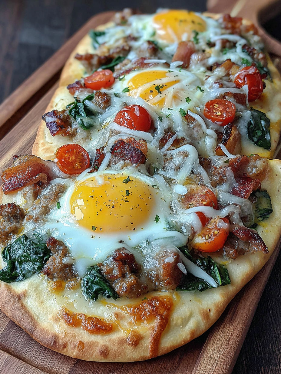 A breakfast flatbread with sausage and bacon.