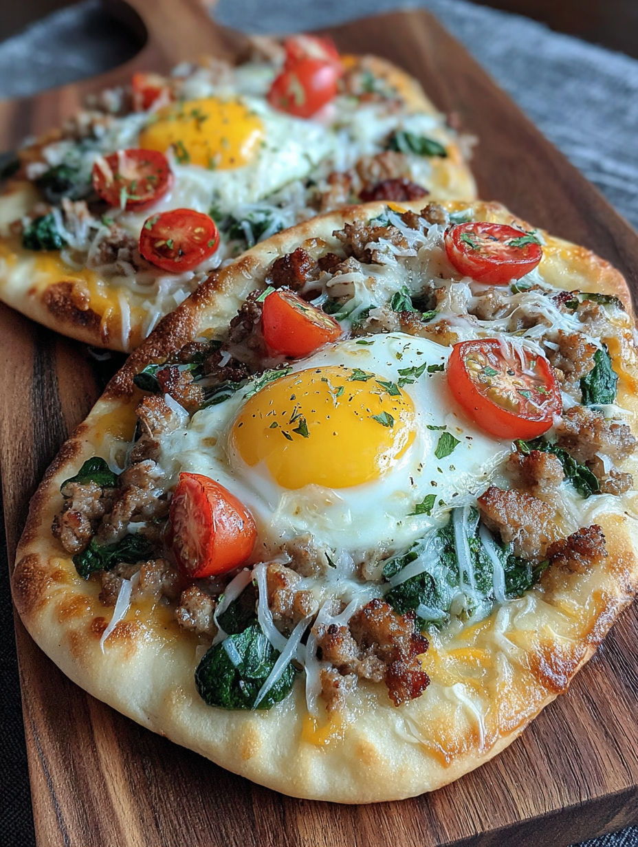 Two breakfast flatbreads with sausage and bacon.
