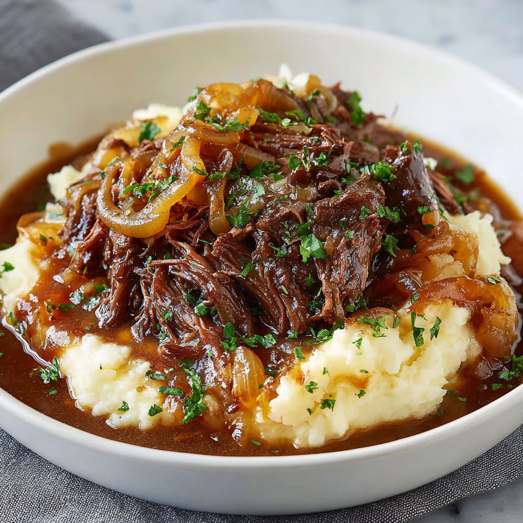 A bowl of French Onion Pot Roast.