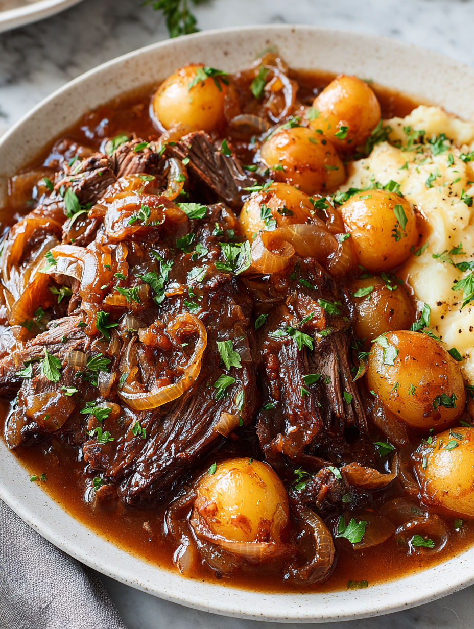 A plate of French onion pot roast with potatoes and gravy.