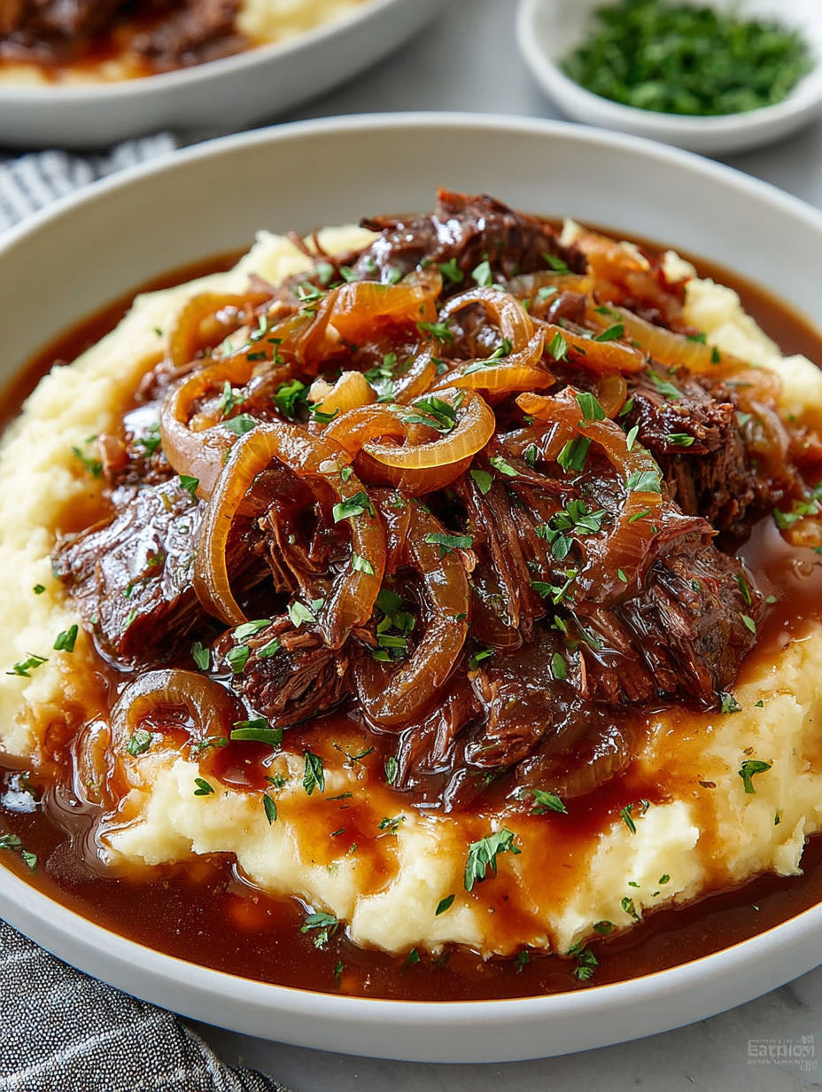 A plate of French Onion Pot Roast.
