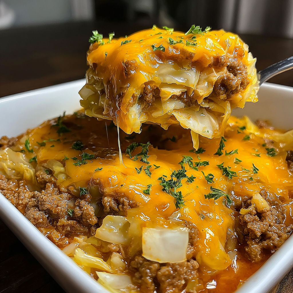 A close up of a cheesy casserole with onions and meat.