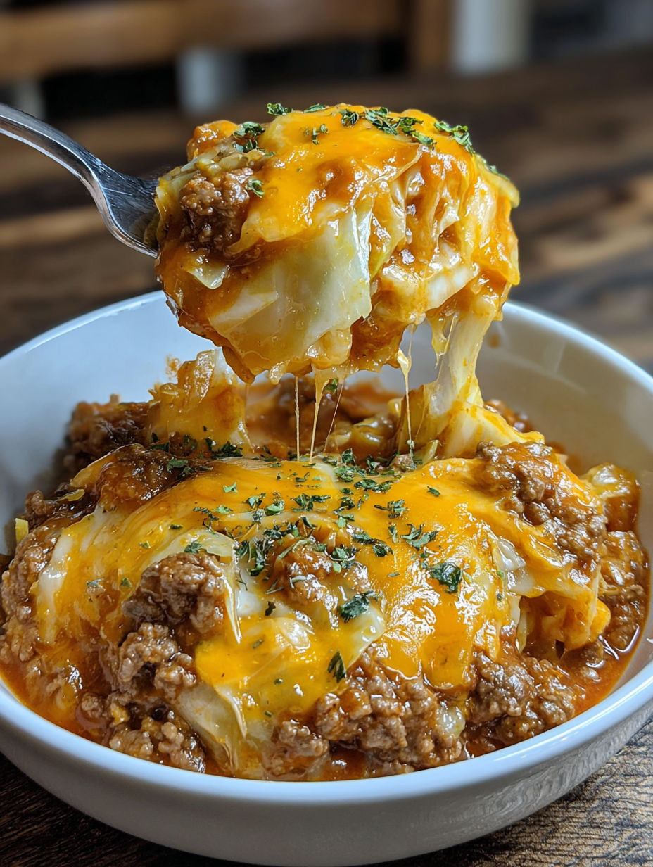 A white bowl filled with a cheesy cabbage casserole.