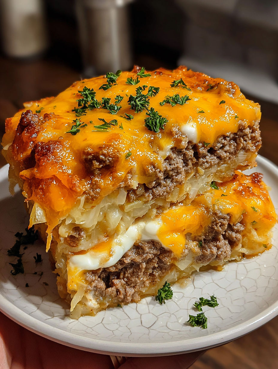 A cheesy cabbage casserole on a plate.