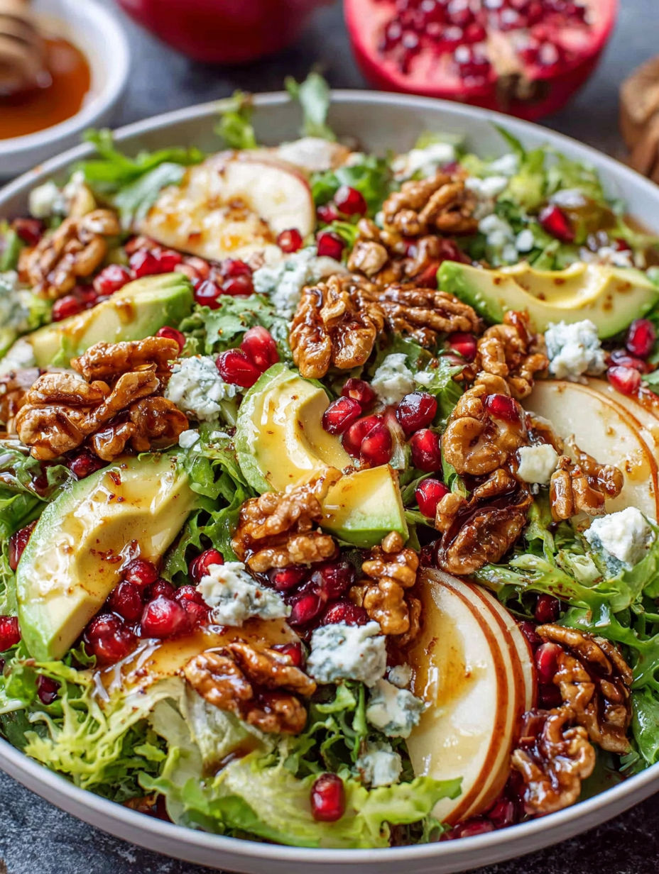 A salad with a variety of ingredients including apples, walnuts, and blue cheese.