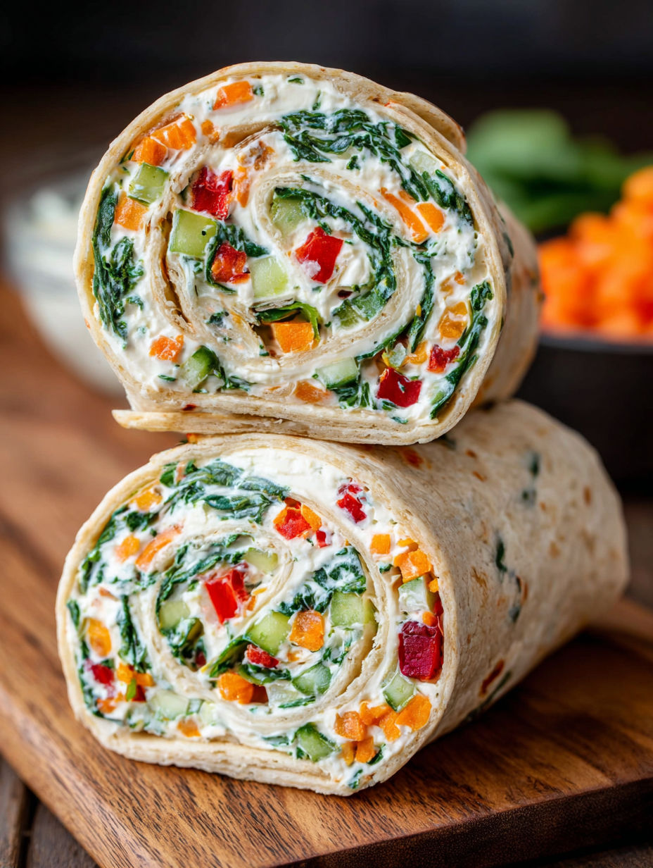 A vegetable cream cheese roll with carrots and cucumbers.