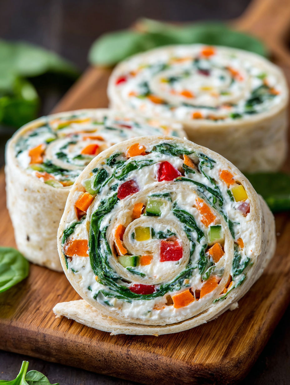 A vegetable cream cheese roll on a wooden table.