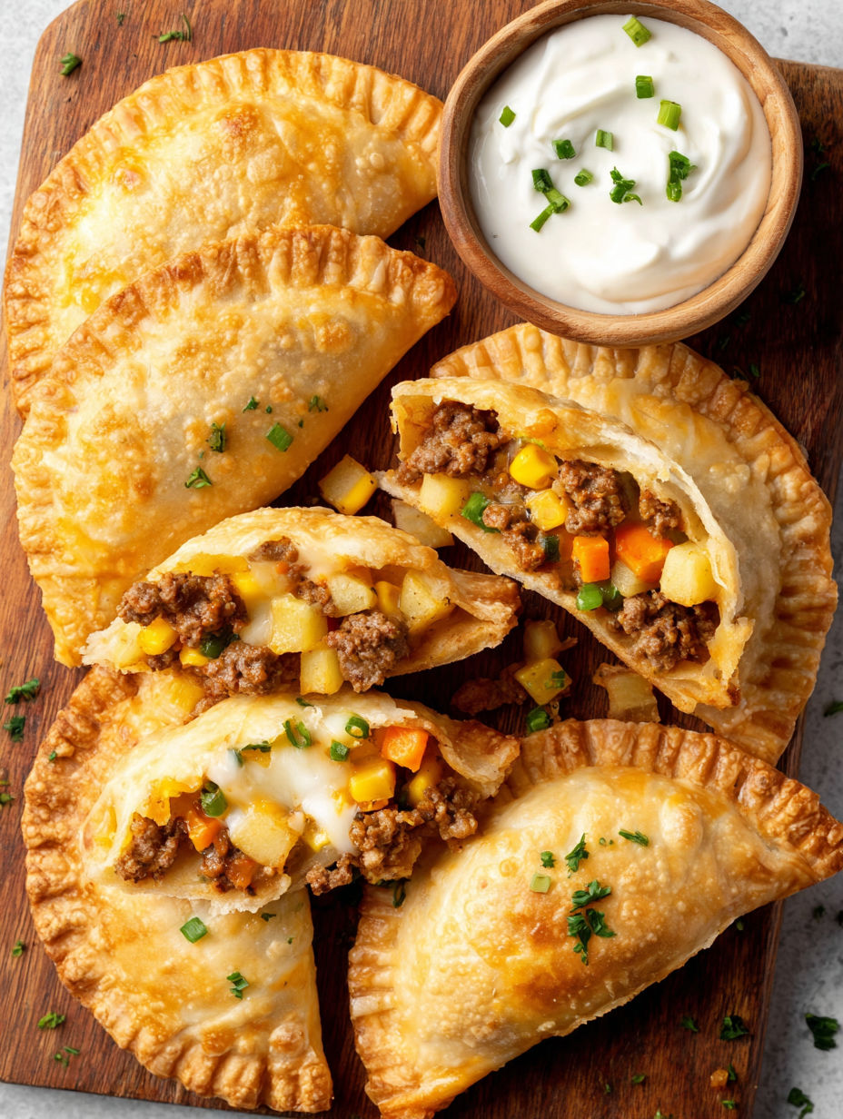 A wooden cutting board with a bowl of sour cream and a plate of Cajun Potato and Cheddar Sausage Hand Pies.