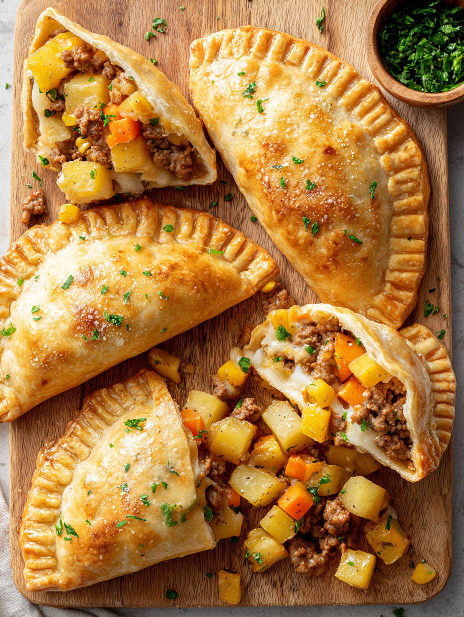 A wooden cutting board with Cajun Potato and Cheddar Sausage Hand Pies.