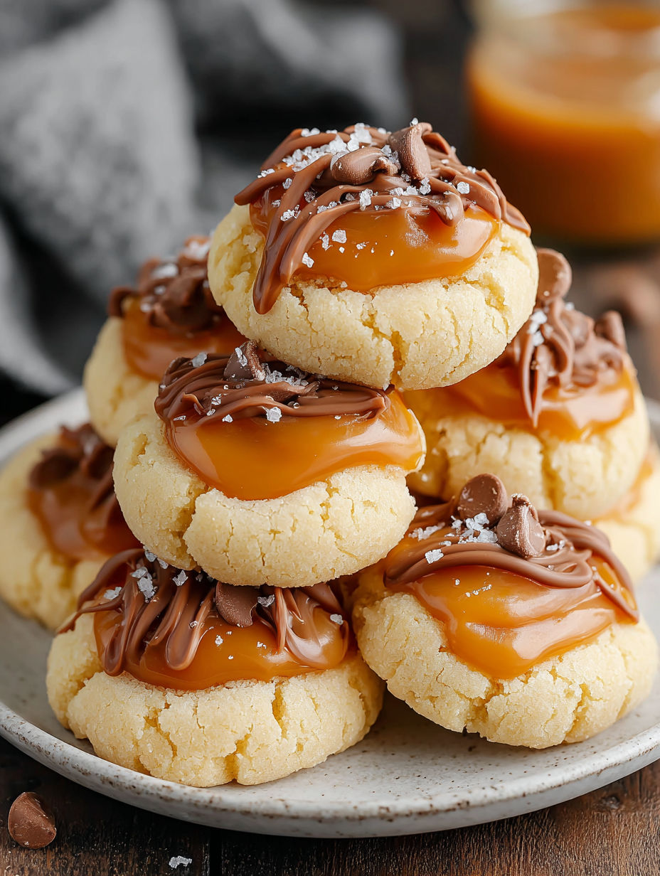 A stack of Twix Thumbprint Caramel Cookies.