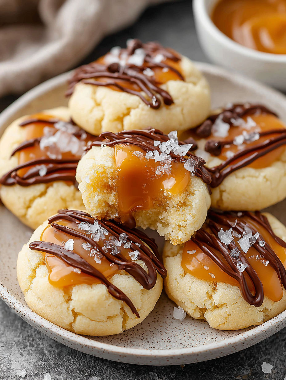 A plate of Twix Thumbprint Caramel Cookies.
