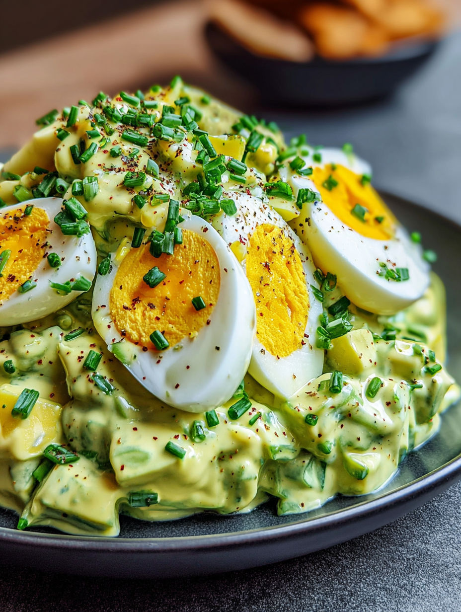 A plate of creamy avocado egg salad.