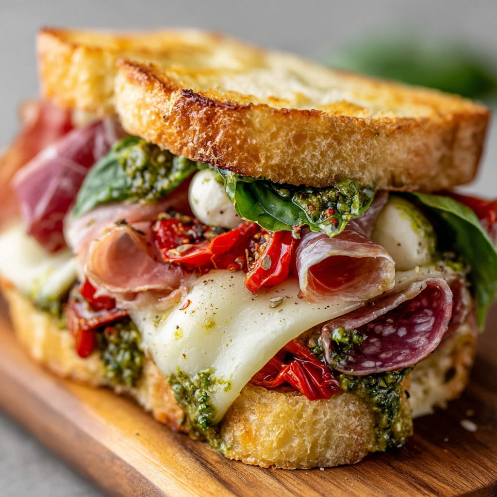A sandwich with meat, cheese, and greens.