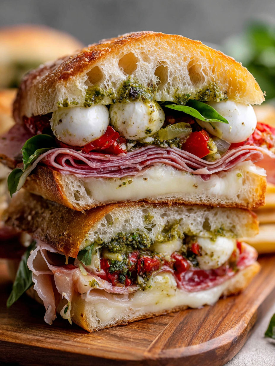 A sandwich with meat, cheese, and vegetables.