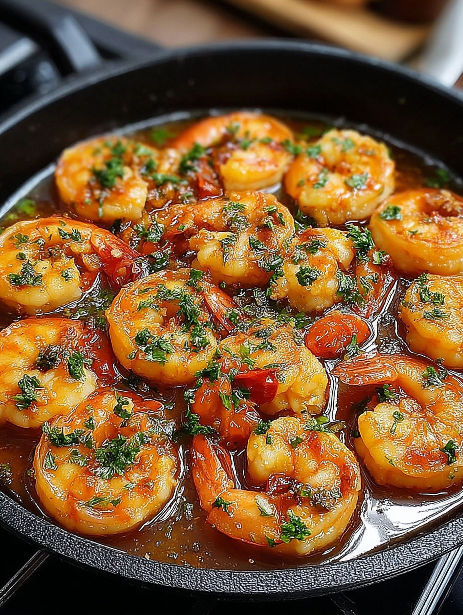 A pan of shrimp with a spicy sauce.