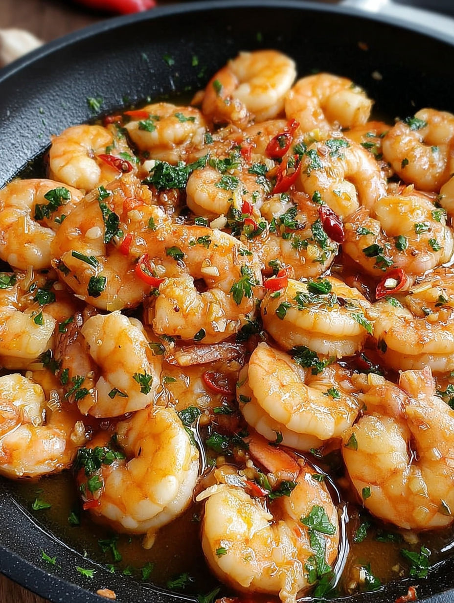 A dish of shrimp with a spicy sauce.