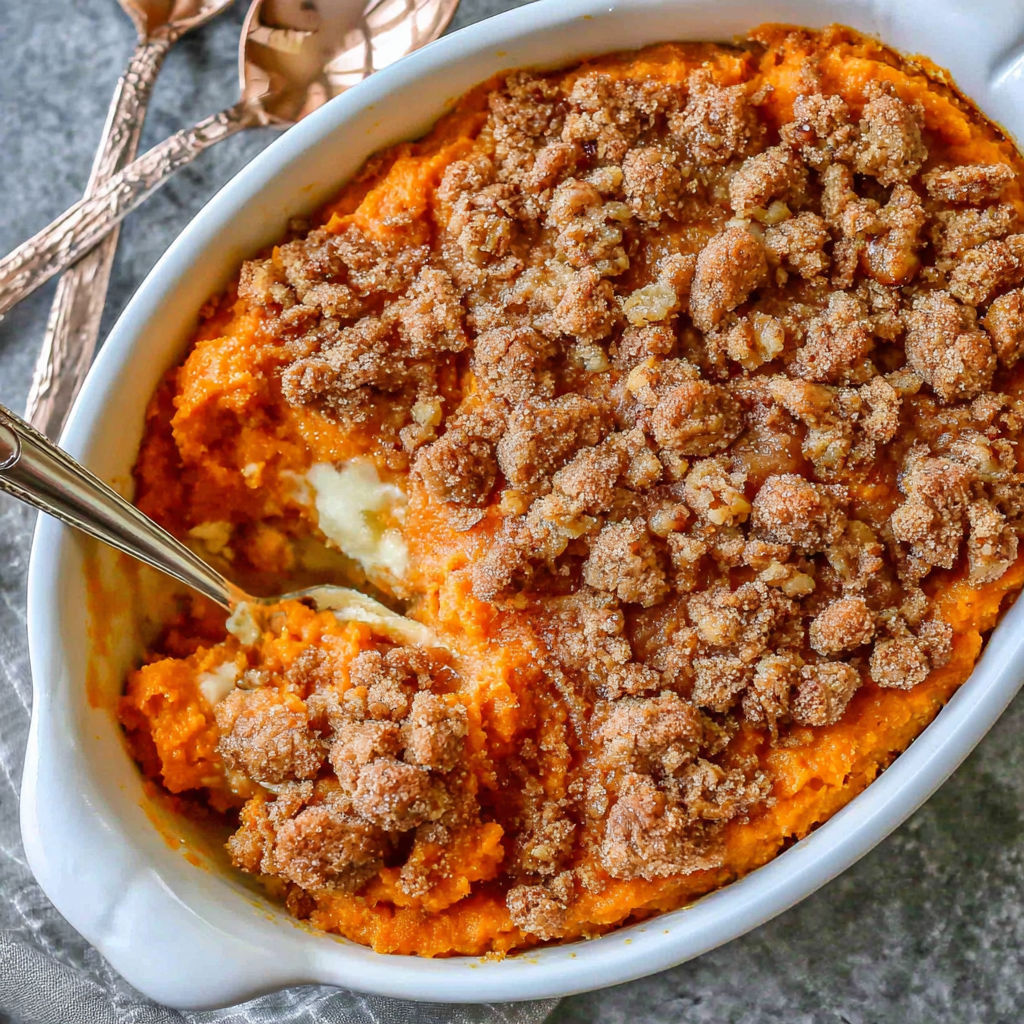 A close up of a delicious sweet potato casserole.