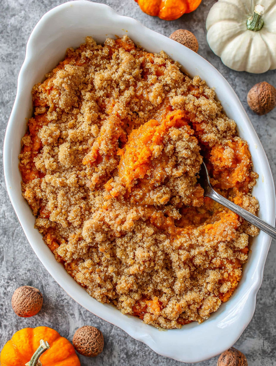 A white bowl filled with a sweet potato casserole.