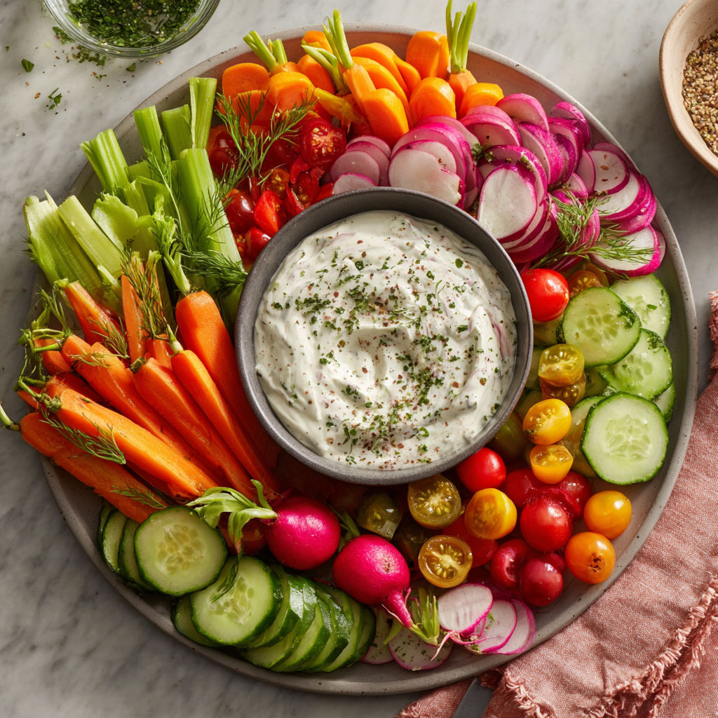 A platter of vegetables including carrots, cucumbers, radishes, and tomatoes.