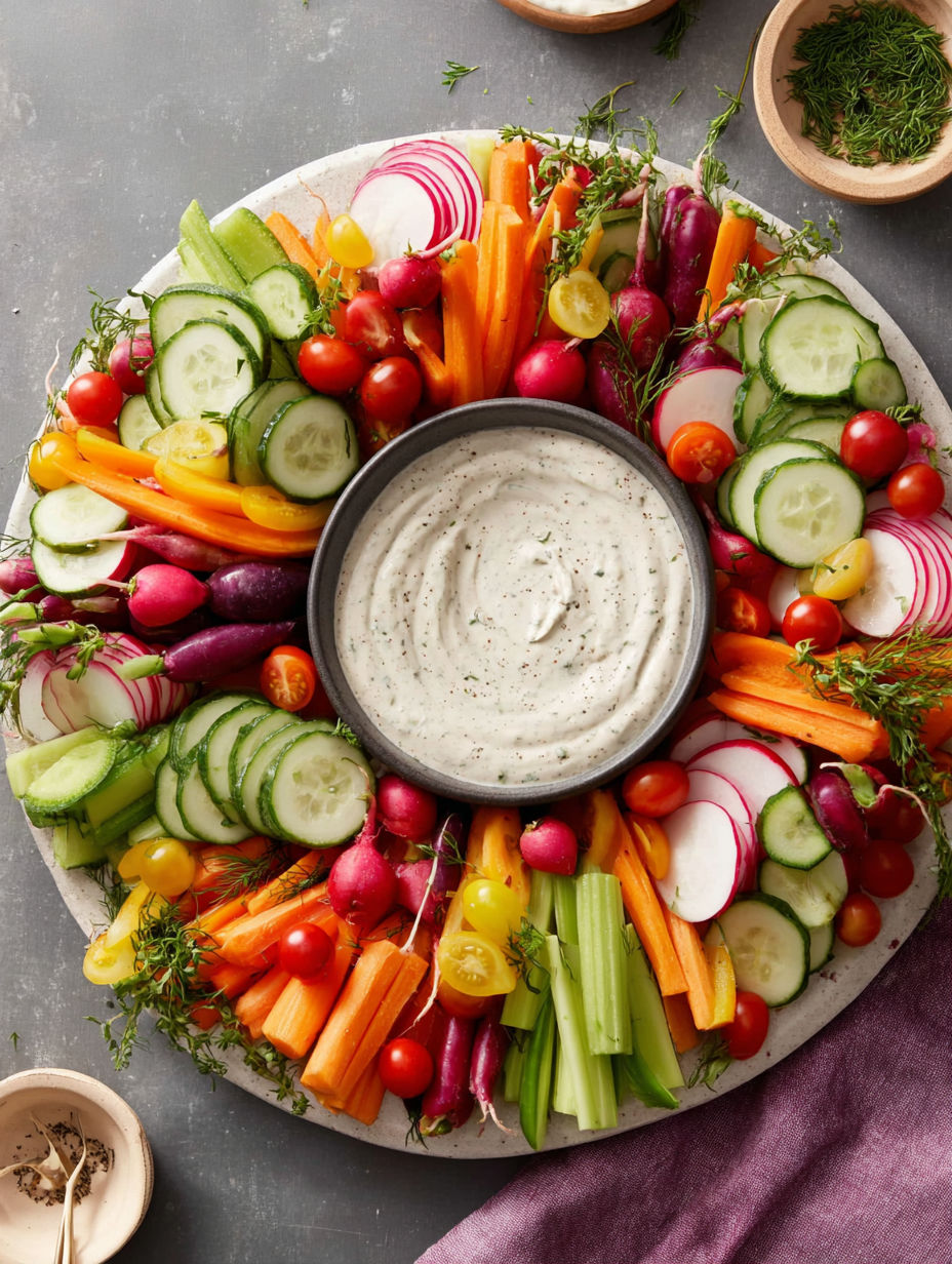 A vegetable platter with a dip.