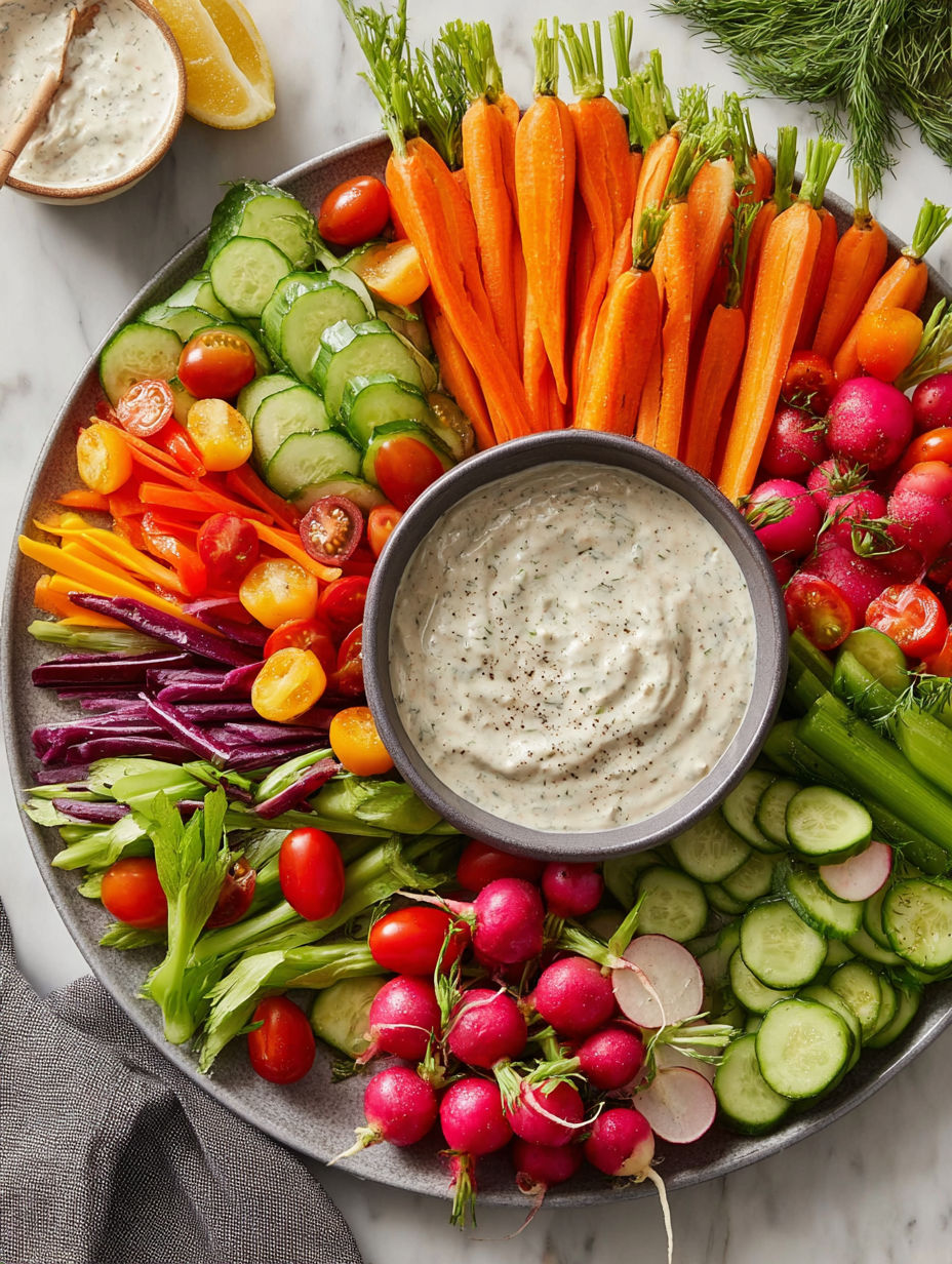 A platter of vegetables and dip.