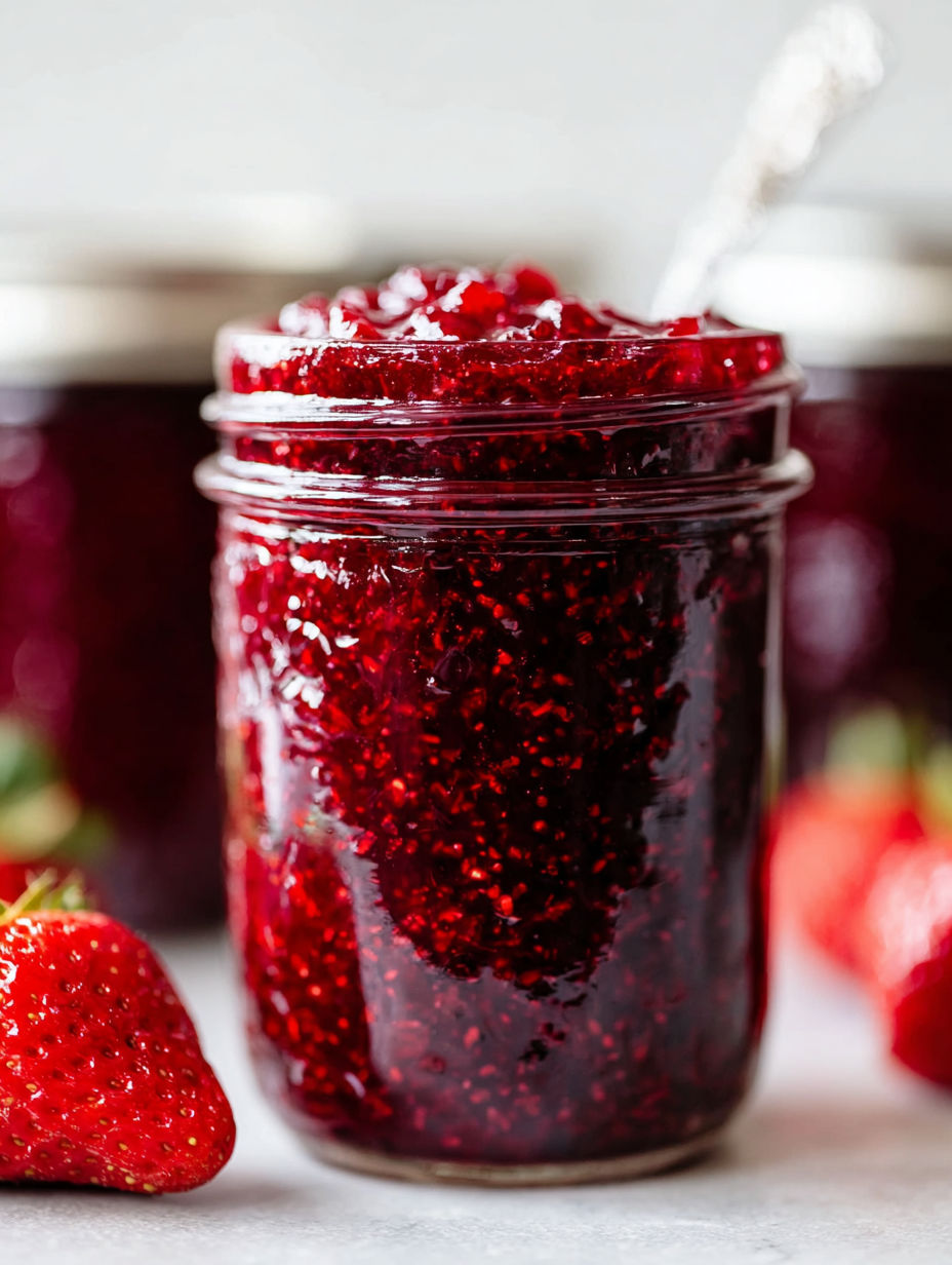 A jar of strawberry jam with a spoon in it.
