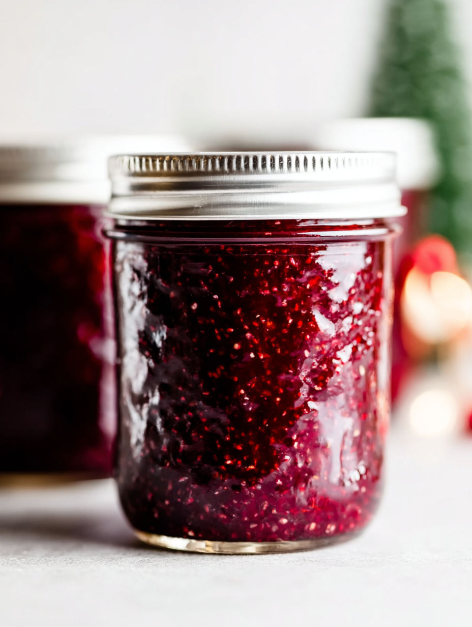 A jar of red jam with a Christmas tree in the background.