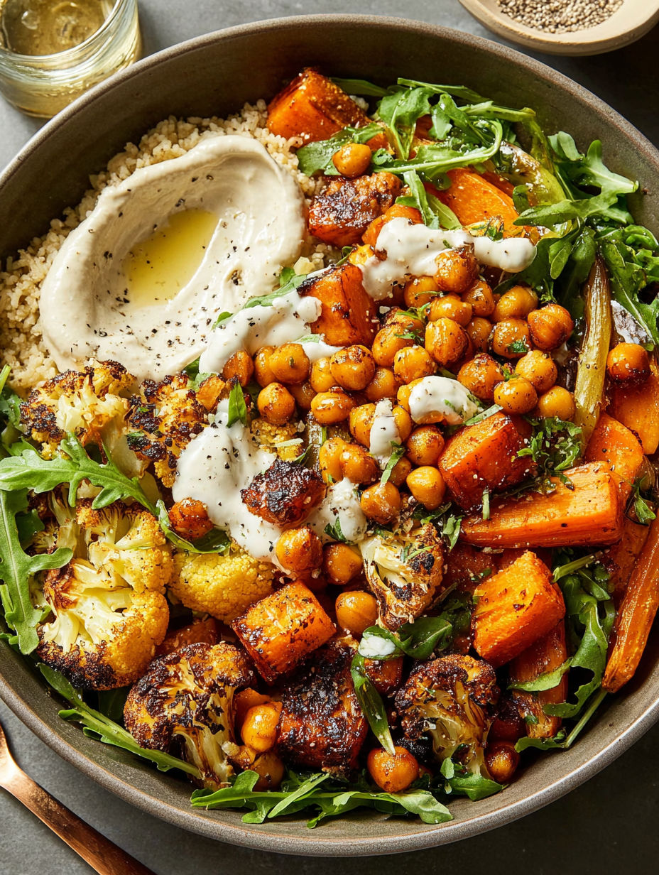A bowl of food with a variety of ingredients including carrots, cauliflower, and beans.