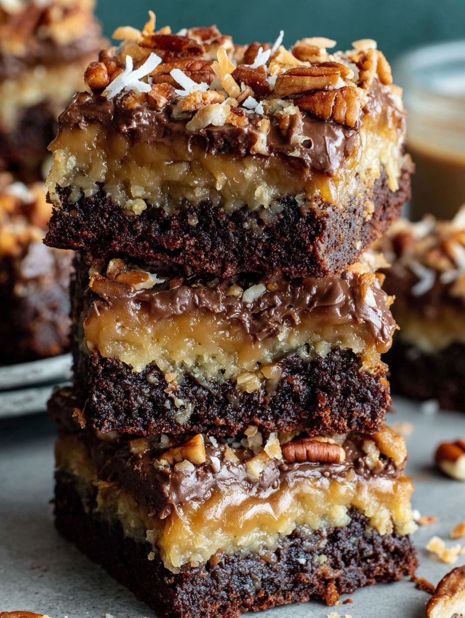 A close up of a chocolate dessert with nuts and caramel.