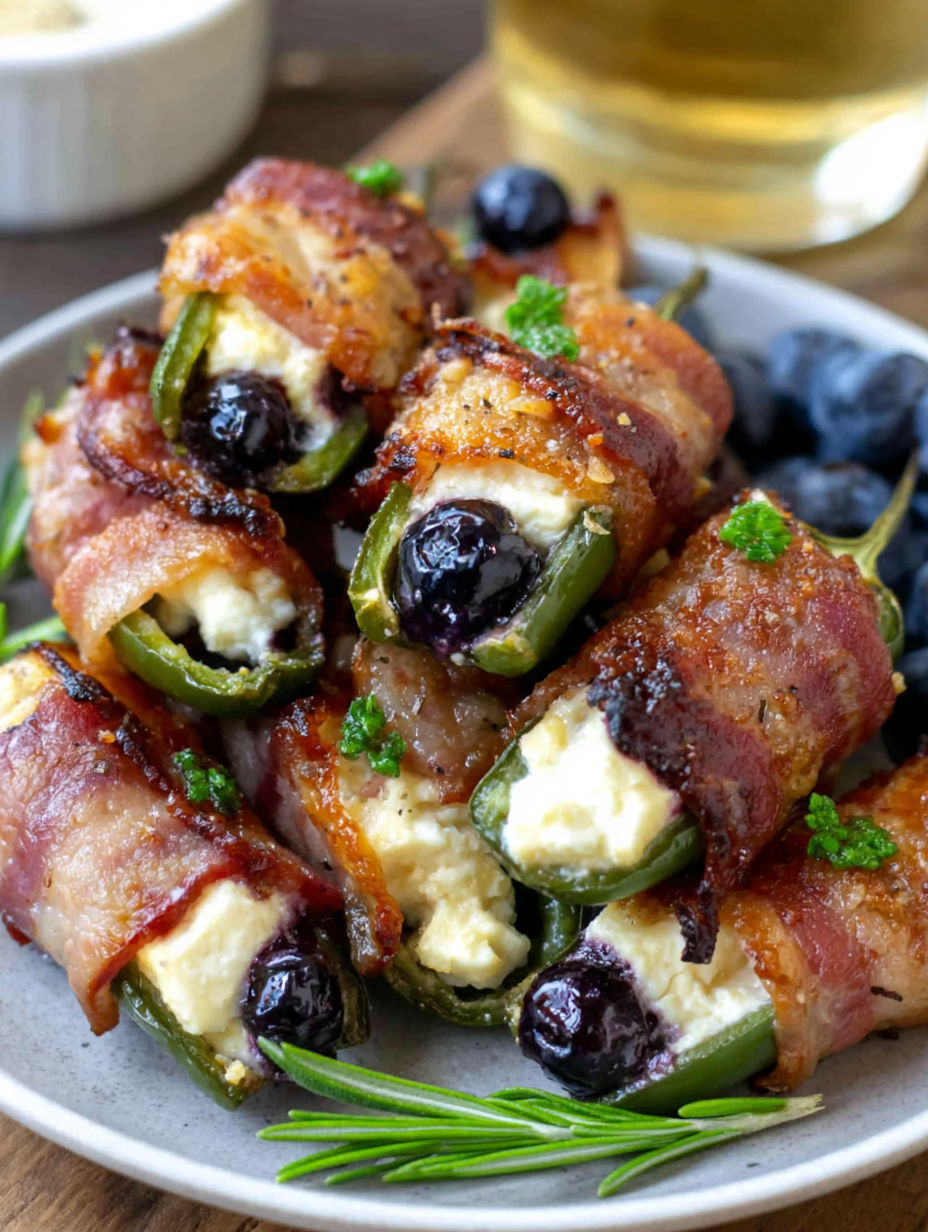A plate of jalapeno poppers with blueberries on top.