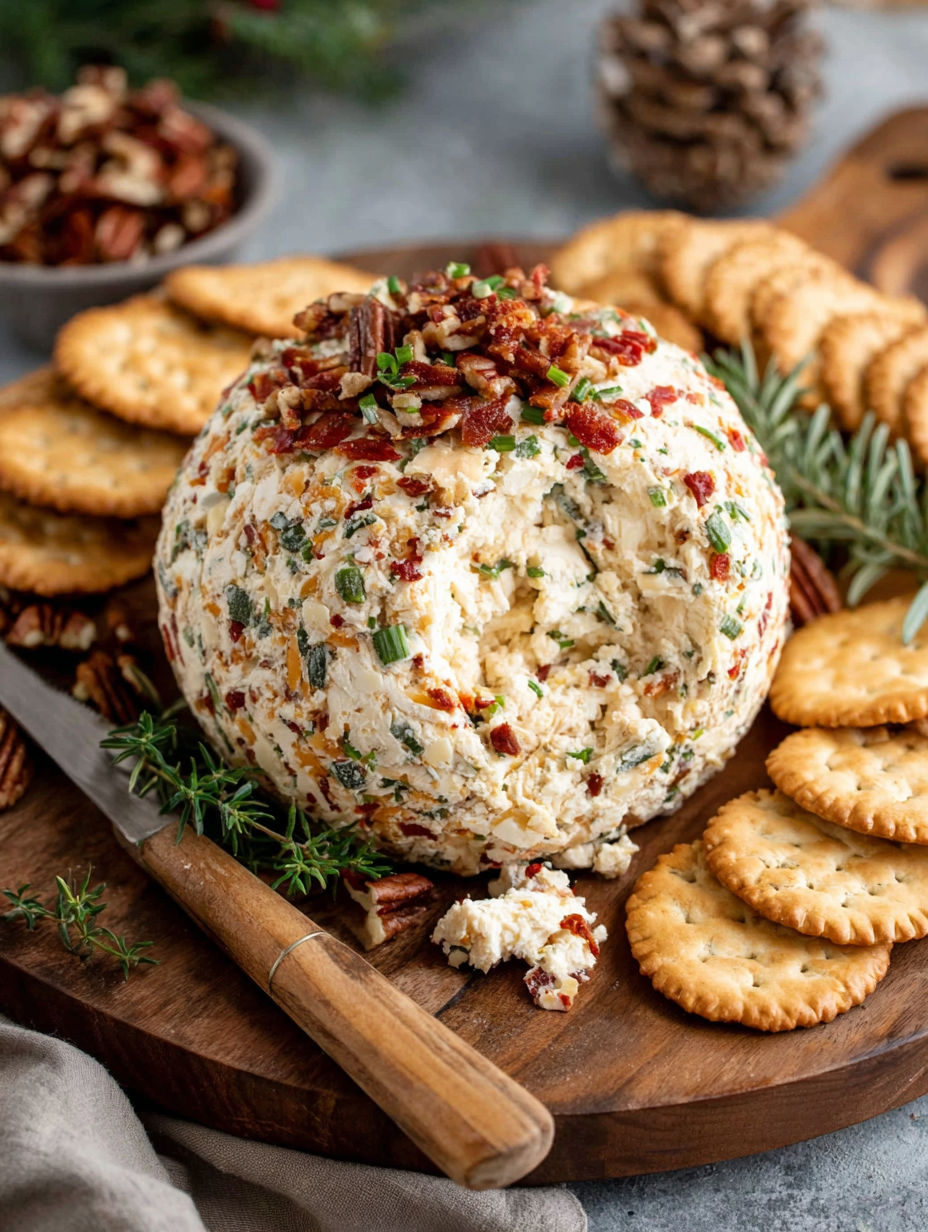 A creamy cheese ball with bacon bits on top.