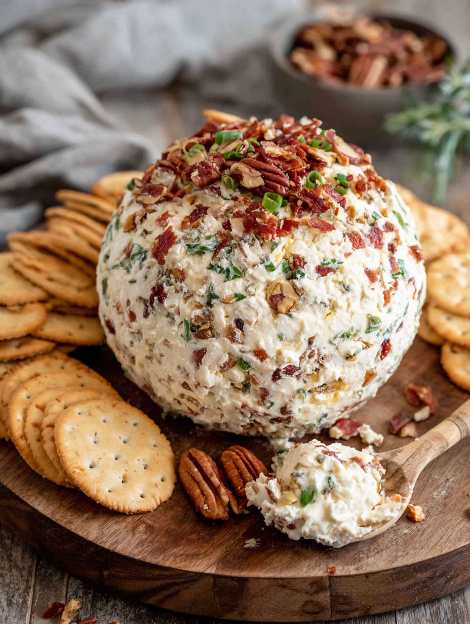 A creamy cheese ball with bacon bits on top.