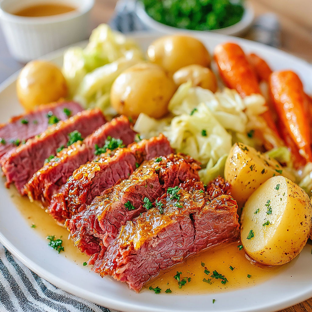 A plate of food with corned beef and potatoes.