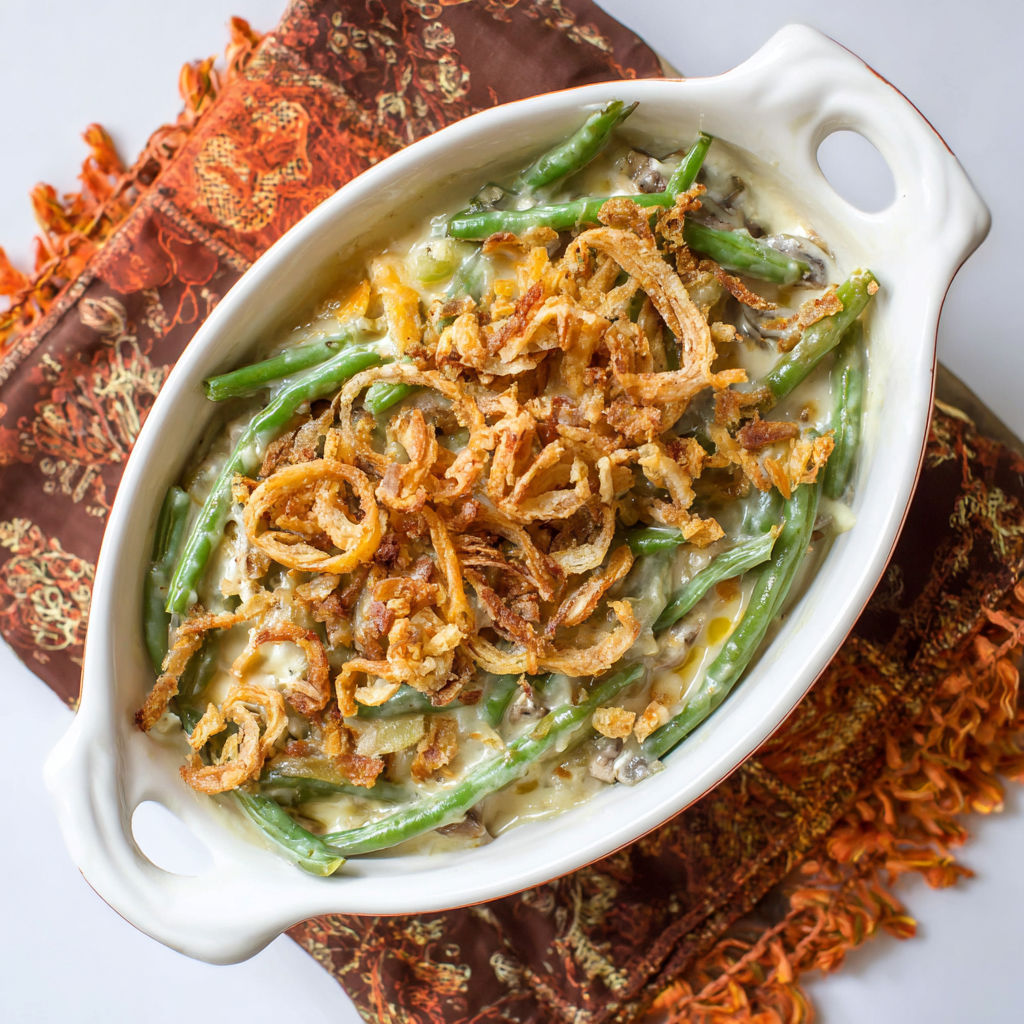 A white bowl filled with green beans and onions.
