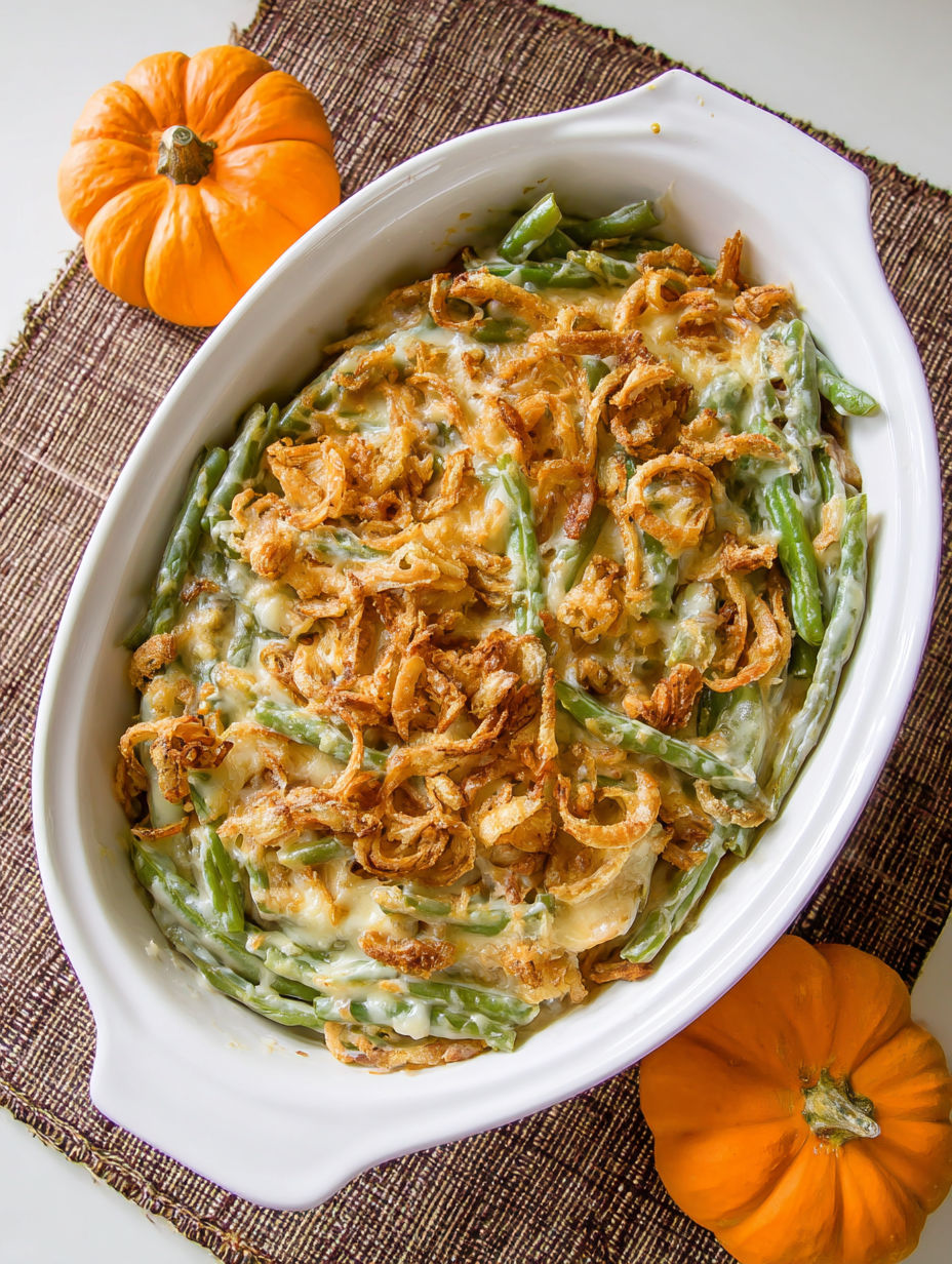 A white bowl filled with a green bean casserole.