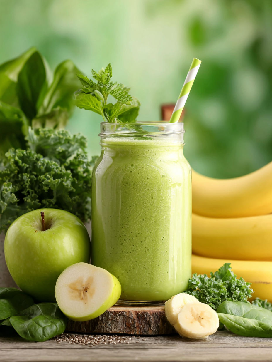 A green smoothie with a straw in a glass jar.